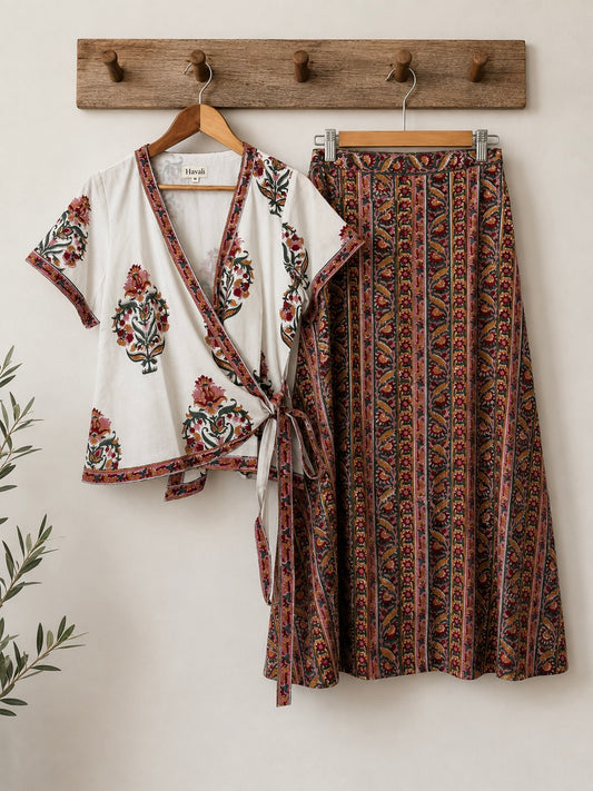 Positino Wrap Midi Skirt | Cotton A-Line Border Print Skirt