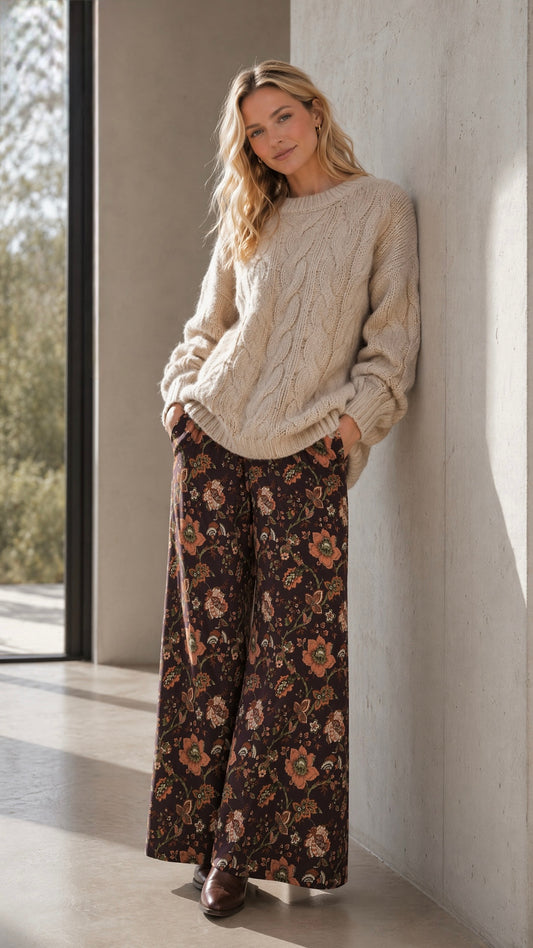 WIDE LEG COTTON PANT - winter bloom